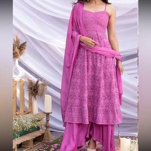 Indian dress. Pink chikankari dress. Anarkali lehenga